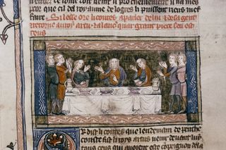 In this image depicting Arthur's Whitsun feast, the Companions of the Quest tell him of their adventures.