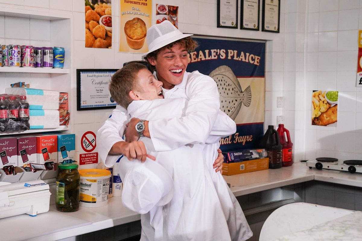 Freddie Slater hugs Bobby Beale in EastEnders 