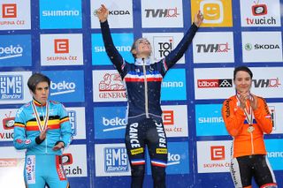 Pauline Ferrand Prevot (France) celebrates rainbow jersey number two