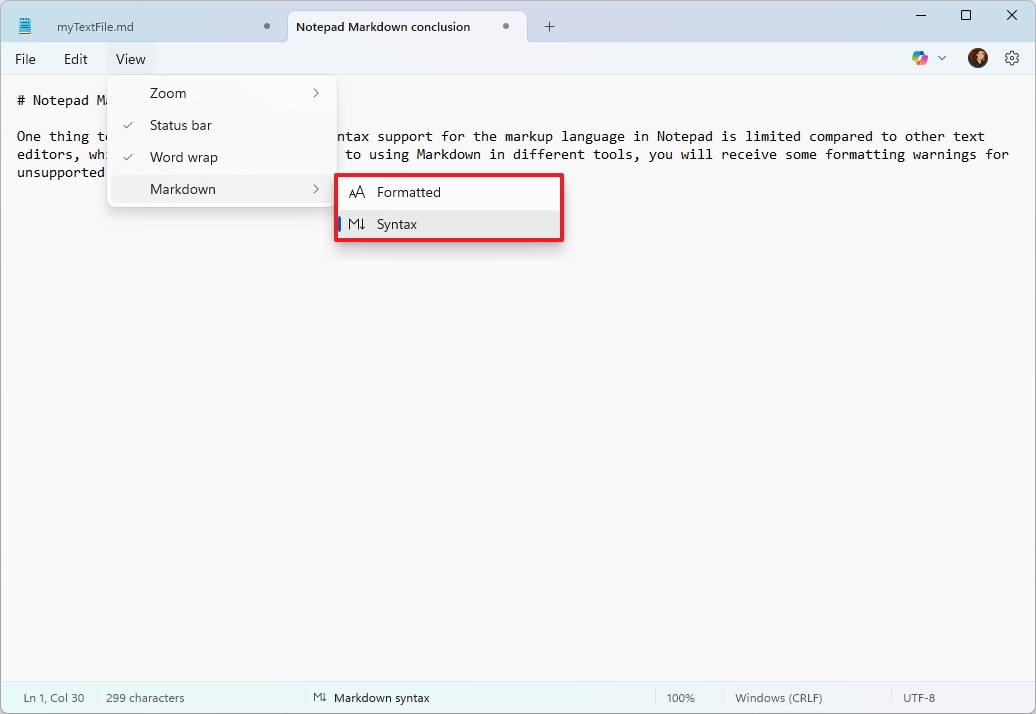 Notepad change Markdown view options