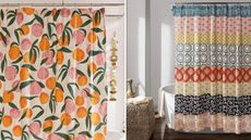 Peach print shower curtain on left and boho shower curtain on right