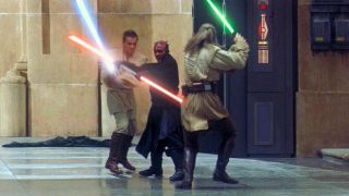 Obi-Wan Kenobi and Qui-Gon Jinn lightsaber dueling Darth Maul