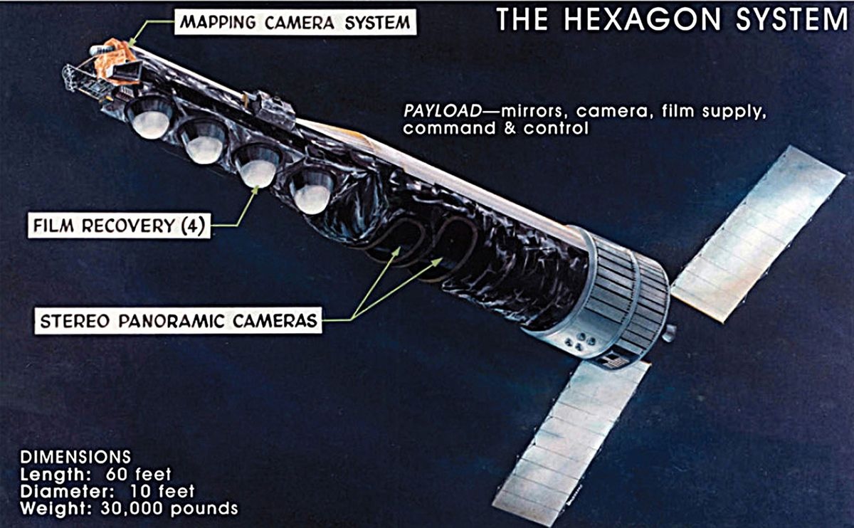 A National Reconnaissance Office illustration of a KH-9 Hexagon satellite and its basic systems.