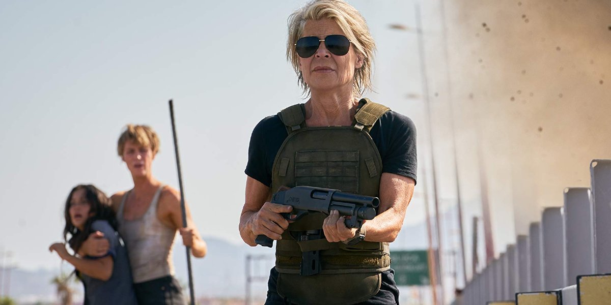 Terminator: Dark Fate Linda Hamilton marches towards the camera with a shotgun