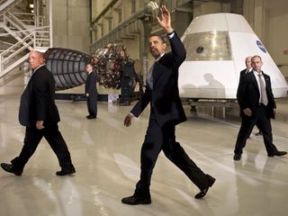 President Barack Obama waves farewell after speaking at the NASA Kennedy Space Center in Cape Canaveral, Fla. on Thursday, April 15, 2010. Obama visited Kennedy to deliver remarks on the bold new course the administration is charting to maintain U.S. lead