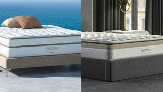 The Saatva Classic Mattress on a bed frame outside (left) and a Saatva Memory Foam Hybrid Mattress on a bed frame in a bedroom (right)