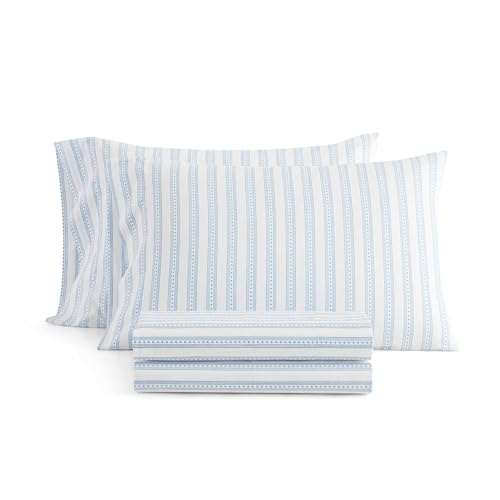 Martha Stewart - King Size Sheets Set, Crisp &amp;amp; Tailored Cooling Sheets With a Smooth Cotton Percale Lightweight Feel - Bed Sheets With Matching Pillowcases &amp;amp; Fitted Sheet (francesca Stripe Blue)