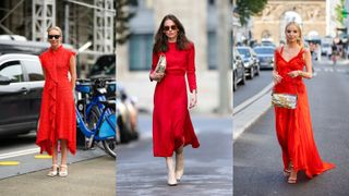 A composite of street style influencers wearing christmas party outfits the red dress