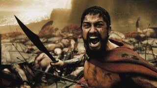 King Leonidas shouts as he brandishes his sword in the movie 300