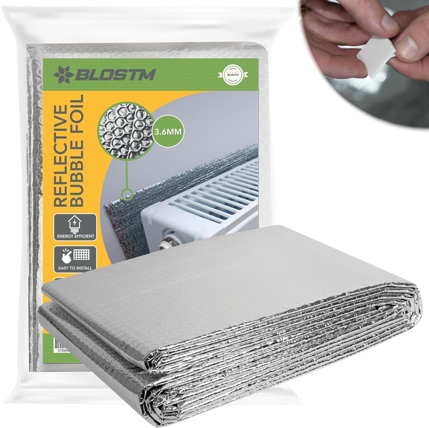 Blostm Radiator Insulation Foil 5m X 60cm - Bubble Insulation Foil Reflector Thick Heat Reflective Bubble Wrap Radiator Foil Reflector With Adhesive Pads - Covers 3+ Radiators