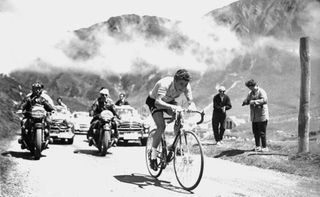 French cyclist Jacques Anquetil, who won the Tour de France five times, on the Col du Tourmalet in 1957