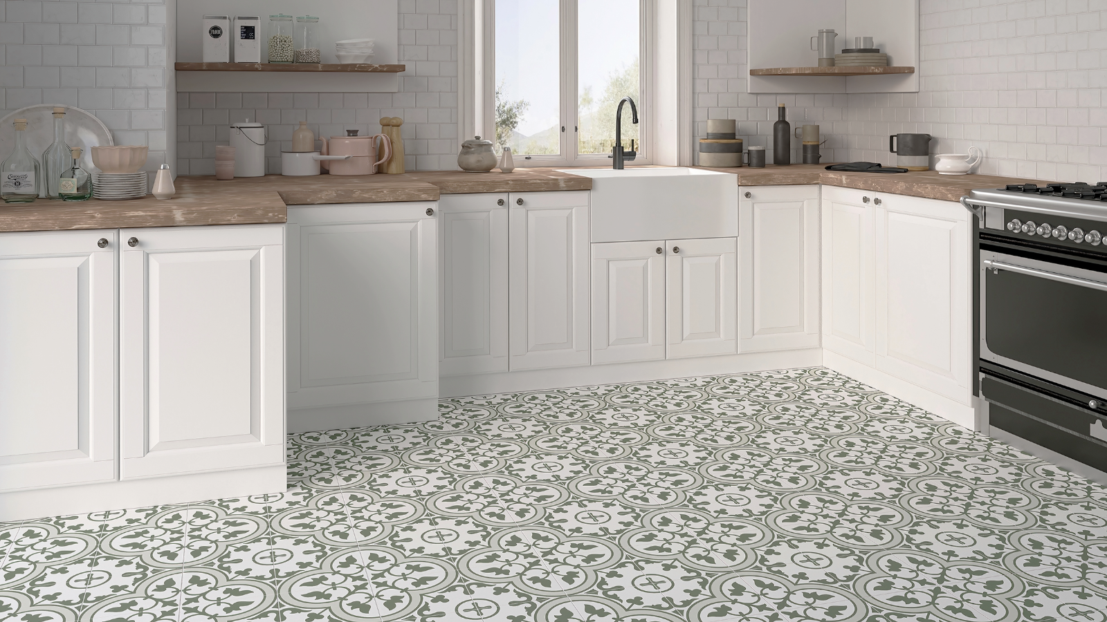 Kitchen with patterned flooring and white cabinets