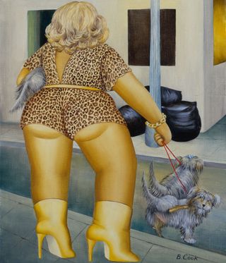 Beryl Cook painting of large-bottomed woman walking dogs