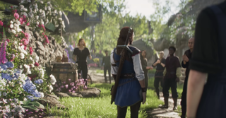 a screenshot of a female hero in Fable 4 surrounded by people