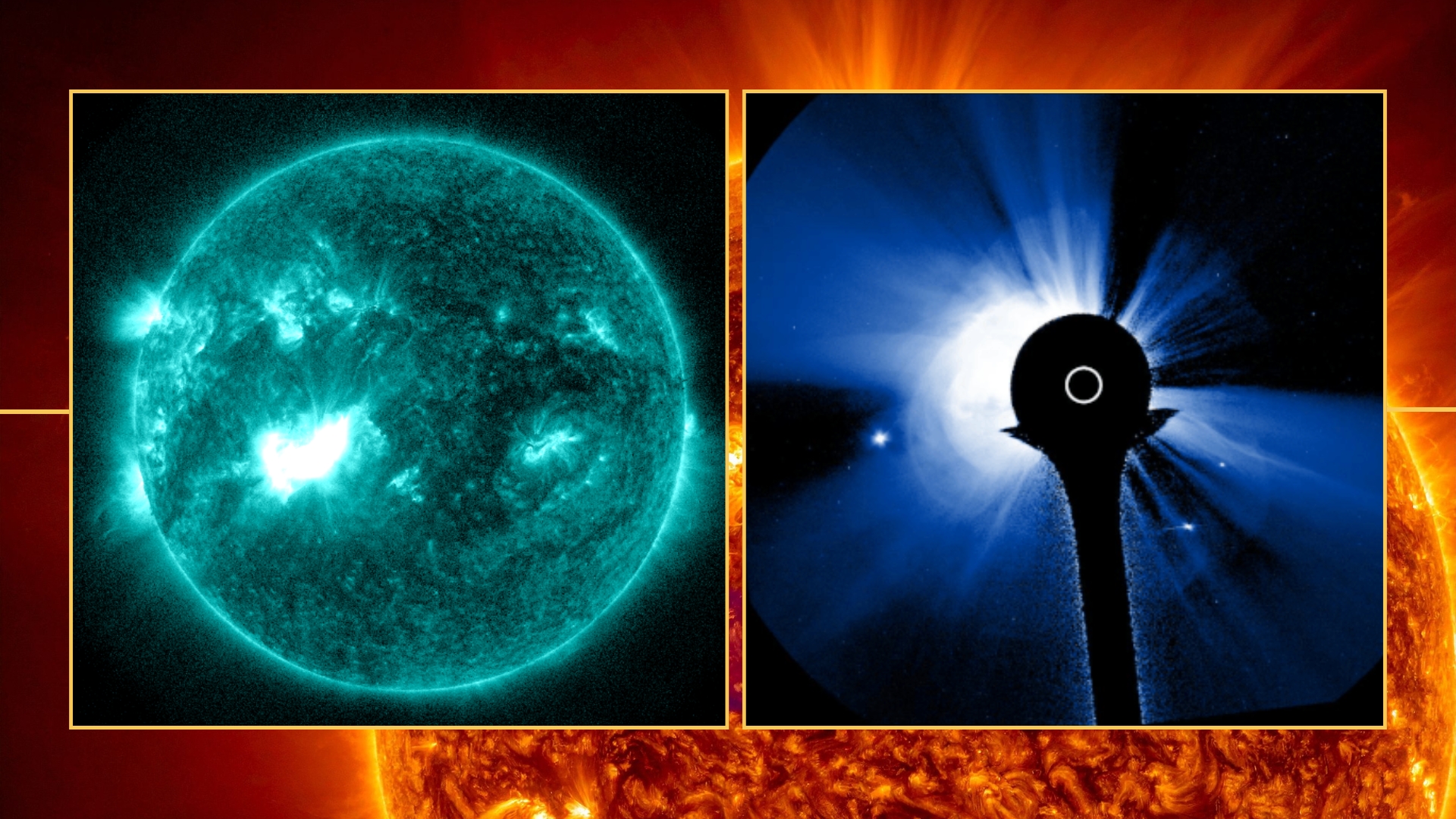 two panel image on the left is the solar flare and on the right is the cme eruption in the background is a close up illustration of the sun. 
