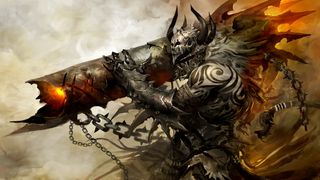 Guild Wars 2 creature design; a painting of a knight with a large rocket launcher