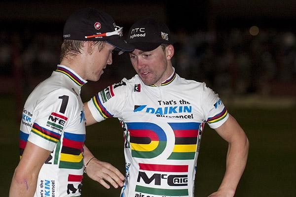 That's another one for us mate: World Champions Cameron Meyer (left) and Leigh Howard after their superb win in the 2011 Bendigo International Madison.