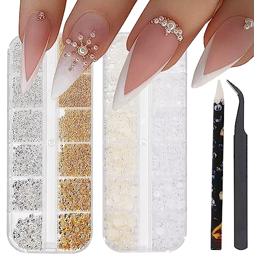 Hnuix Nail Art Charms - Metal Silver &amp;amp; Gold Beads, Flat Back Round Rhinestones, Small Nail Pearls, 3d Mixed Sizes Decorations for Nails