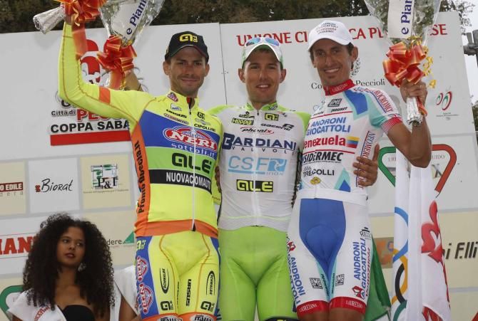 Mauro Finetto, Sonny Colbrelli and Franco Pellizotti on the podium of the Coppa Sabatini.