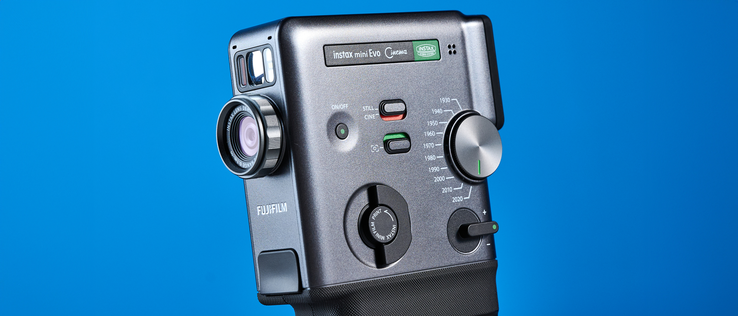 A Fujifilm Instax mini Evo Cinema hybrid instant camera