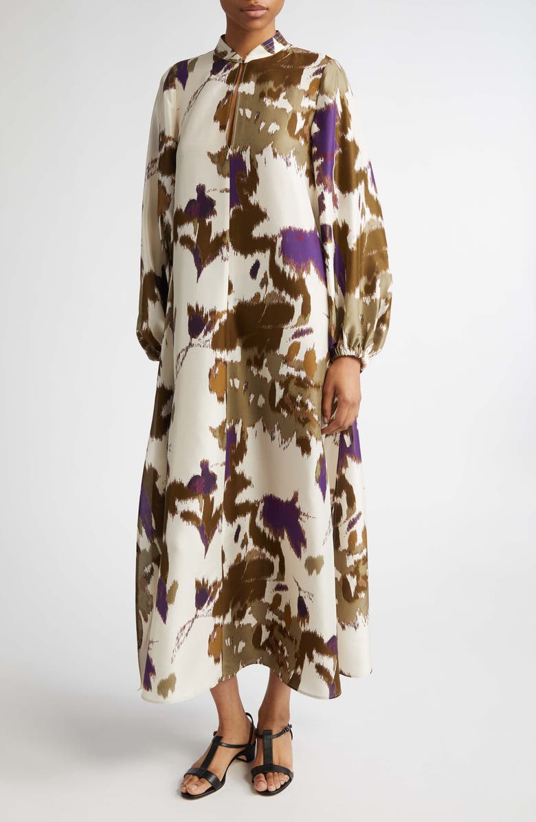 Maesa Floral Long Sleeve Shantung Silk Maxi Dress