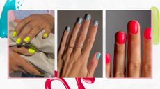A collage of Slushie nails included in this guide: on the left, two hands are pictured with neon green/yellow nails by nail artist, Julia Diogo (@paintedbyjools), in the middle and on the right, is a hand with blue nails and then a close-up of someone's fingers with bright, neon pink nails, both by nail artist, Mateja Novakovic (@matejanova)/ in a white, marble-effect template with bright nail polish streaks.
