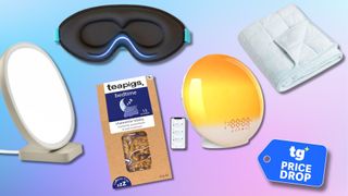 A collage of sleep accessories used to deal with sleep disorders brought on by daylight savings. In the bottom right foreground, there is a deals badge. 