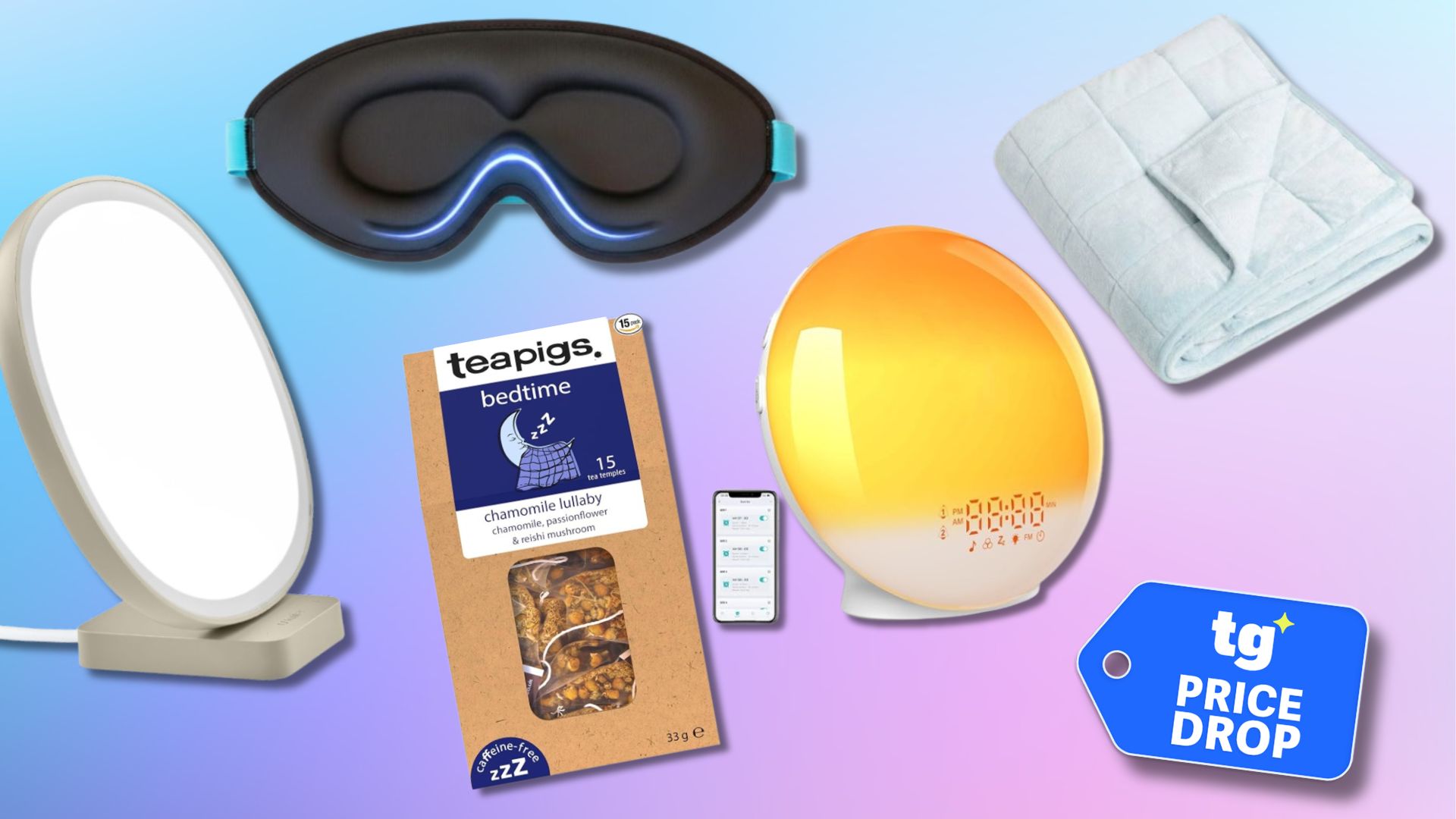 A collage of sleep accessories used to deal with sleep disorders brought on by daylight savings. In the bottom right foreground, there is a deals badge. 