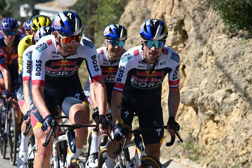 ALTO DA FOIA PORTUGAL FEBRUARY 20 LR Jordi Meeus of Belgium and Primoz Roglic of Slovenia and Team Red Bull BORA hansgrohe compete during the 51st Volta ao Algarve em Bicicleta Stage 2 a 1776km stage from Lagoa to Alto da Foia 869m on February 20 2025 in Alto da Foia Portugal Photo by Tim de WaeleGetty Images