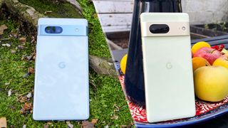 A split image with the Pixel 7a on the left and the Pixel 7 on the right