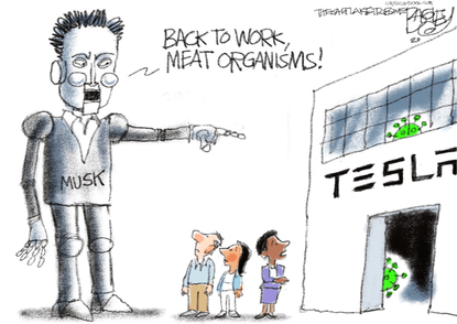 Editorial Cartoon U.S. Elon Musk tesla workers coronavirus