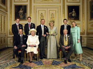 Queen Elizabeth, Prince Philip, Prince Harry, Prince William, King Charles, Queen Camilla, Tom Parker Bowles, Laura Lopes posing at Charles and Camilla's wedding for a formal photo