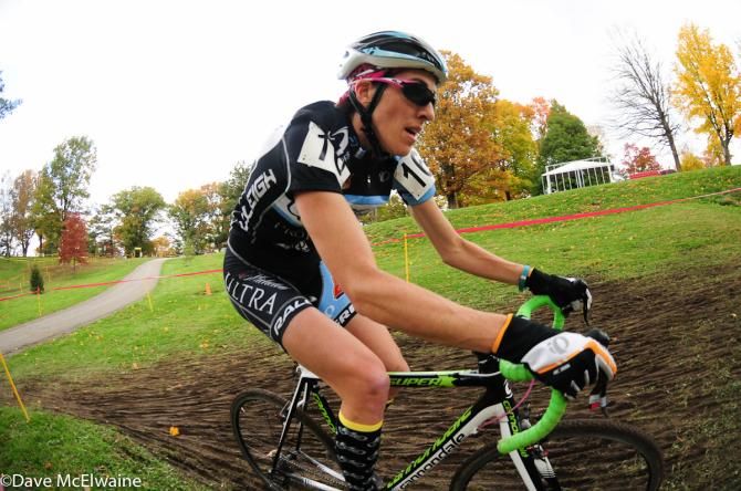 Sunny Gilbert (Michelob Ultra) rounding a corner on one of the few muddy parts of the course