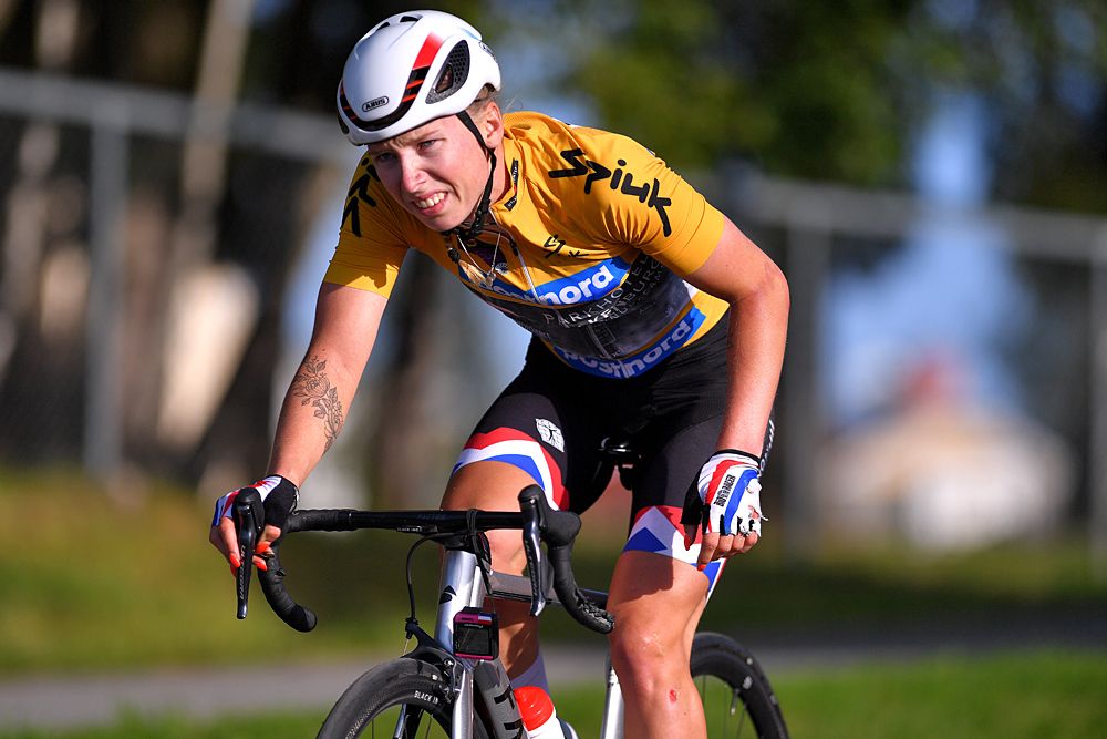 Lorena Wiebes (Parkhotel Valkenburg) crashes will wearing the overall leader's jersey during stage 2 at Ladies Tour of Norway