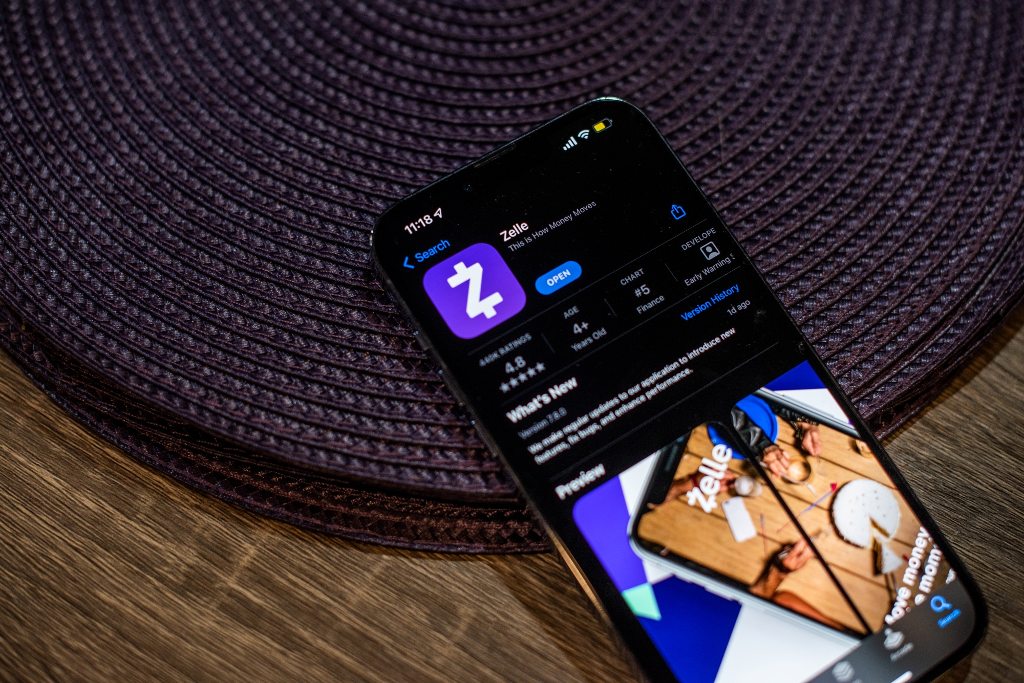 Zelle App download page on a smartphone screen.