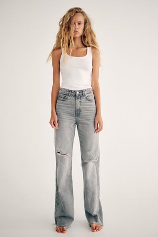 Trf High Rise Wide Leg Ripped Jeans