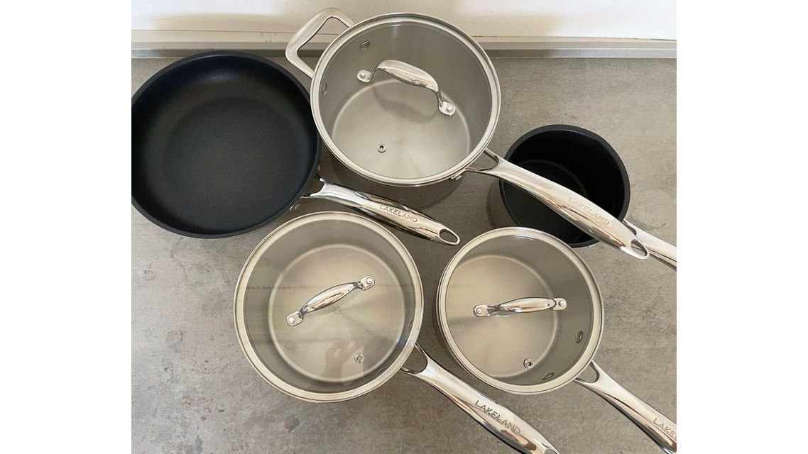 Lakeland Stainless Steel Pan Set unboxed on the counter