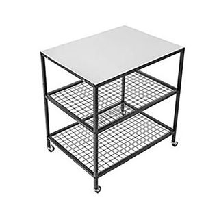 Metal pizza oven table with storage shelves