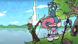 An image from JoCat's channel on YouTube, from his "A Crap Guide to X" series, which shows a character, JoCrap, looking over the crystal tower from a clifftop.