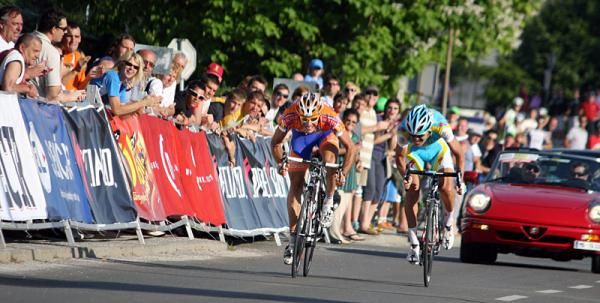 Croatia's Radoslav Rogina (Loborika) and Slovenia's Gorazd &Scaron;tangelj (Astana) sprint for the finish line in the combined Croatia/Slovenia road championship. Rogina bested Stangelj in the two-man sprint, and each won their country's respective road championship.