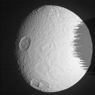 This image of Tethys was taken with the camera pointing from approximately 186,224 kilometers away. The photo was taken April 15, 2012.