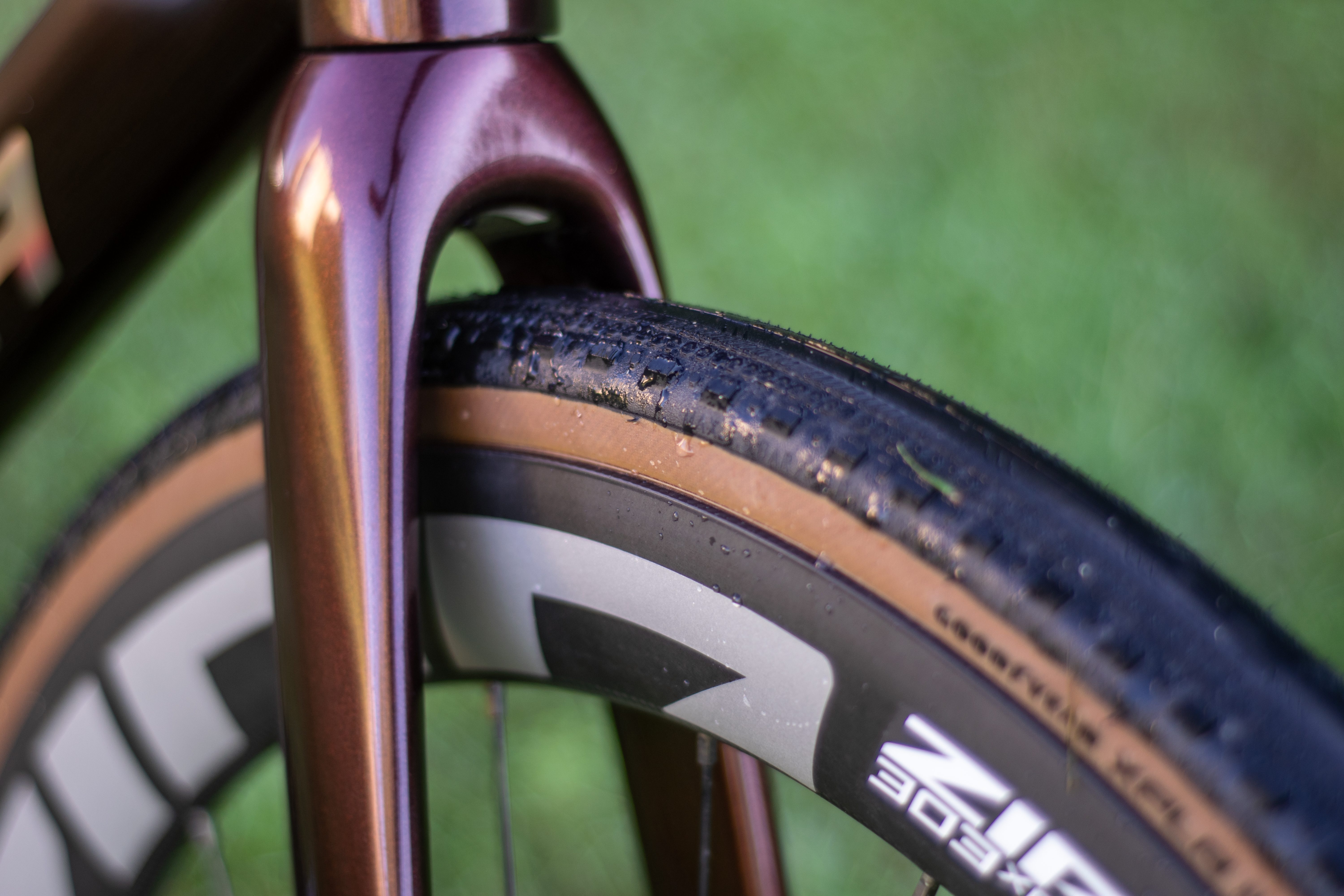 A Zipp wheel and GoodYear tyre fitted to a Merida Mission