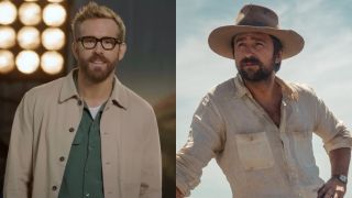 From left to right: Ryan Reynolds smiling in an ad for Welcome to Wrexham and Brandon Sklenar as Spencer Dutton looking to his left and leaning on the side of a boat in 1923.