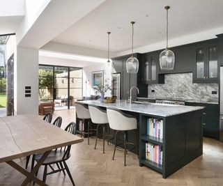 open plan kitchen diner extension with herringbone flooring