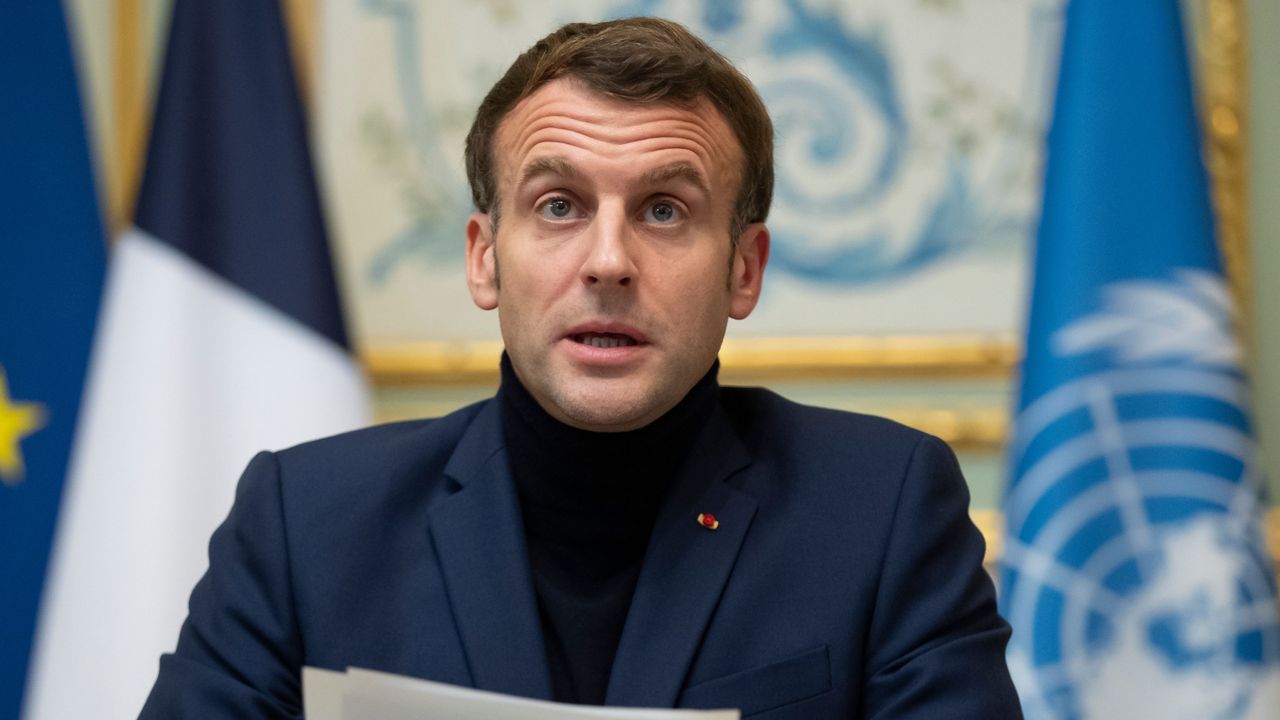 Emmanuel Macron gives the opening speech of a video international donor conference for Lebanon at the Elysee palace.