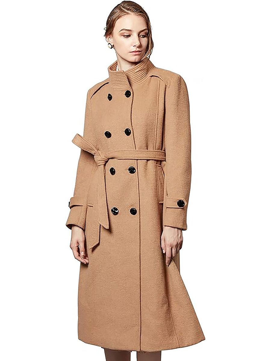 Escalier, Escalier Women's Wool Trench Coat Winter Double-Breasted Jacket With Belts Camel S