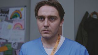 Cam Mickelthwaite looks worried when he learns his career is on the line in Casualty.