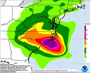 The predicted amount of rainfall that Florence will bring to the southeast.
