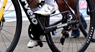 A close-up of Primoz Roglic's bike, showing the groupset as a 1x XPLR groupset