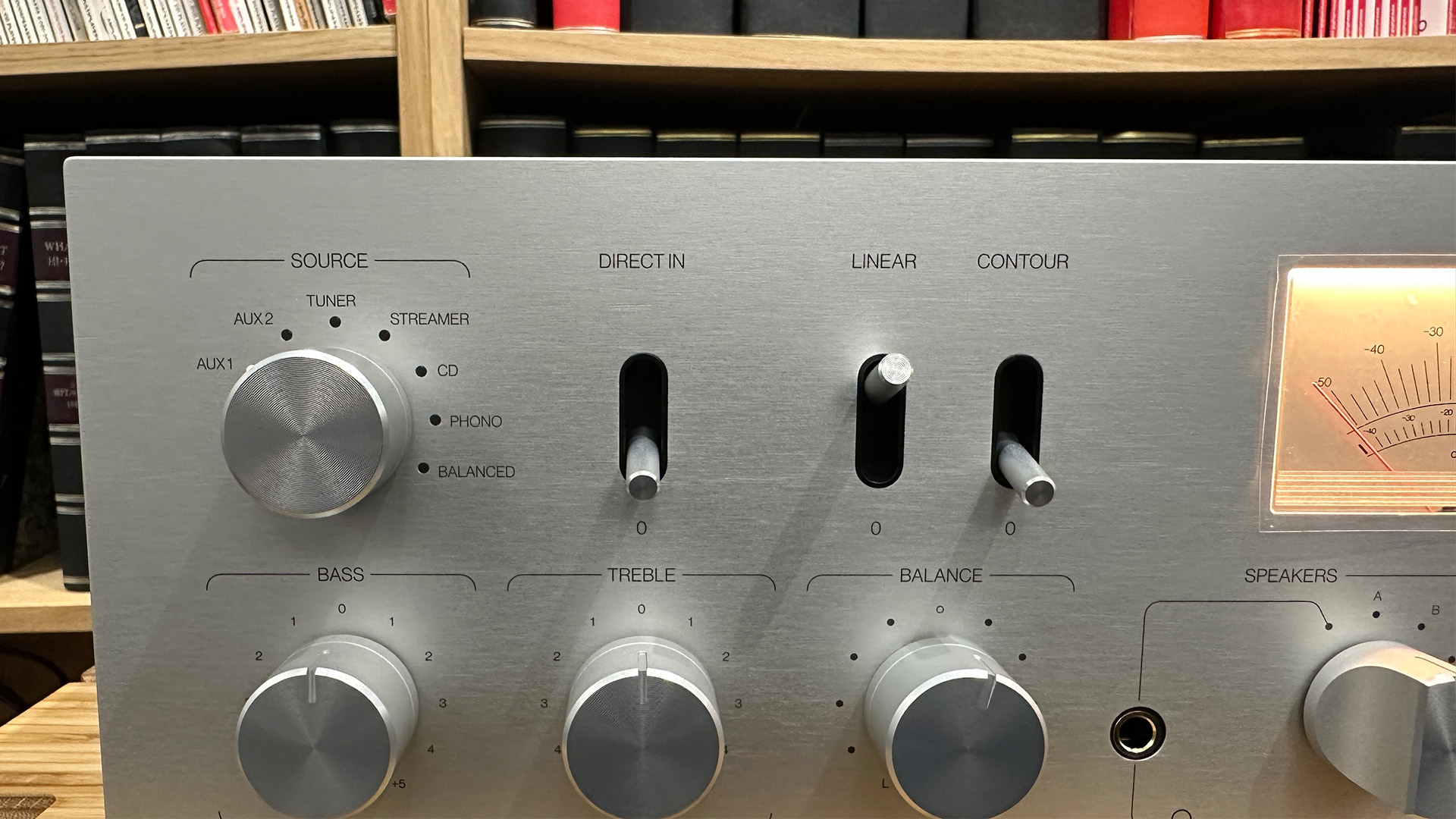 Unitra WSH-805 integrated amplifier close up on control dials and switches